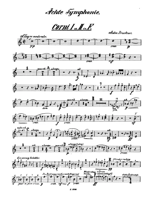 Horn 1/2 (F), 3/4 (F/B basso), Horn 5/6 (F) (also Tenor Wagner Tuba 1/2 (B)), Horn 7/8 (F/B basso) (also Bass Wagner Tuba 1/2 (F))