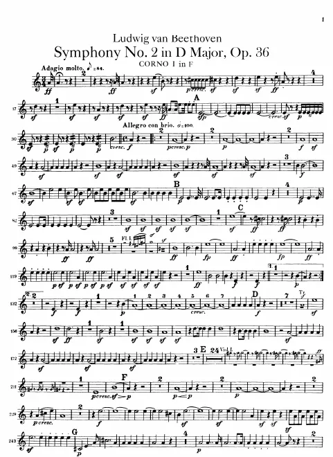 Horn 1, 2 (D, E, plus transposed F)