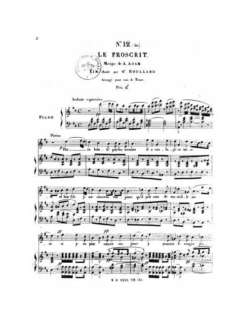 No.12 bis , Cavatine (Air) arrangé pour voix de ténor, D major
