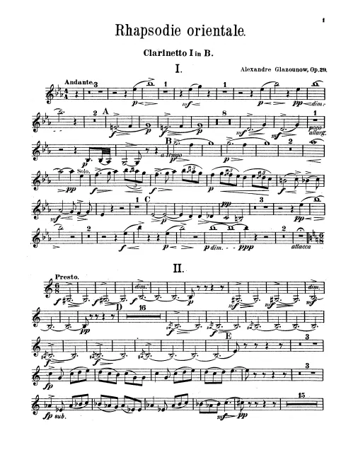 Clarinet 1 (B♭), 2 (A/B♭), Clarinet 3 (B♭)/Piccolo Clarinet (D), Bass Clarinet (B♭)