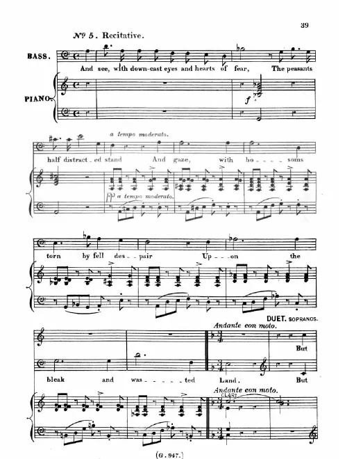 5. Solo (Bass); Duet (Sopranos); Chorus; Solo and Chorus (Bass)