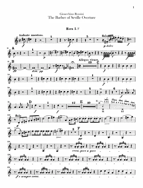 Horn 1, 2 (E) Transposed Parts (F)