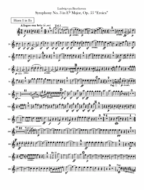 Horn 1 (E, F, C), 2 (E, C), 3 (E)