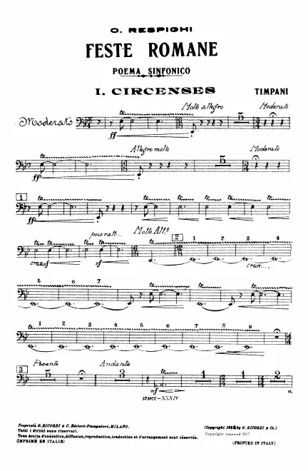 Timpani, Bass Drum/Cymbals, Cymbal (suspended and crash), Tam-Tam/Triangle, Tenor Drum, Snare Drum, Chimes, Glockenspiel, Tambourine, Sleigh Bells, Tavolette, Ratchet, Xylophone