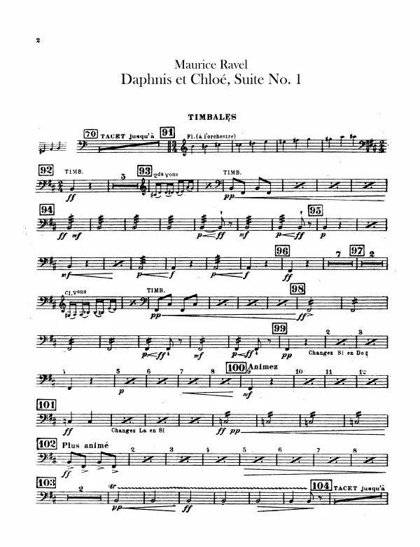 Timpani, Glockenspiel, Triangle, Wind Machine Tambourine, Drum, Crotales, Tam-Tam, Bass Drum, Cymbals