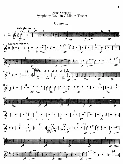 Horn 1 (C, A), 2 (C, A), 3 (E), 4 (E)