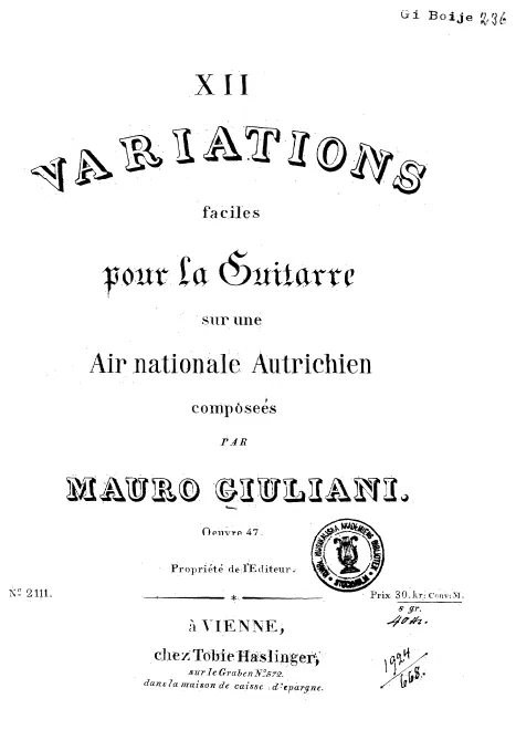 First page of 12 Variations faciles sur une Air nationale Autrichien