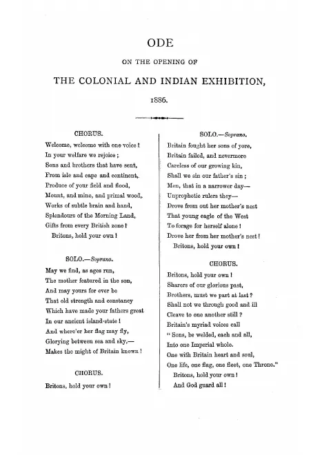 First page of Ode written for the opening of the Colonial and Indian Exhibition, 1886