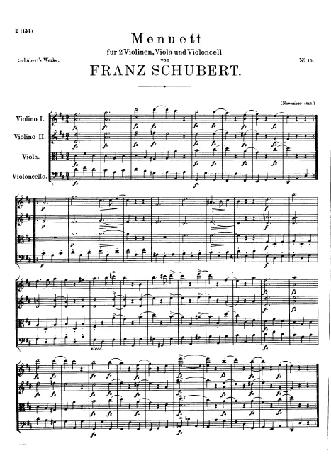 First page of Minuet in D for String Quartet, D.86