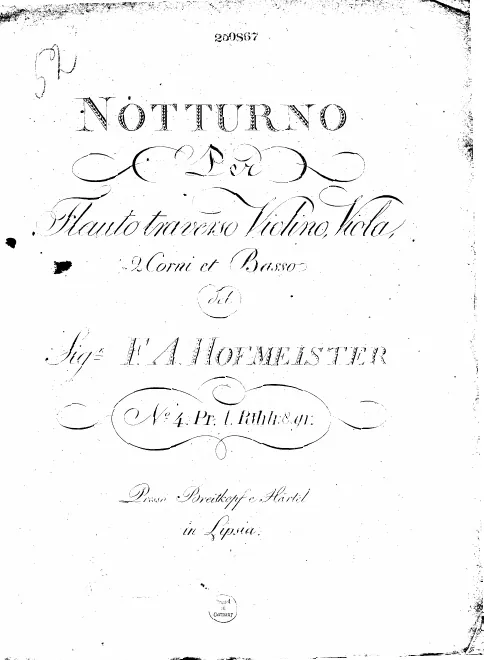 First page of Notturno per flauto traverso, violino, viola, 2 corni et basso, No.4.