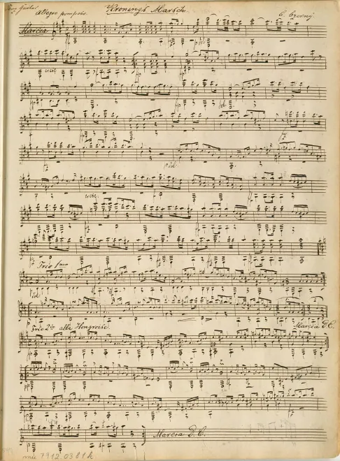 First page of Krönungs-Marsch für das Piano-Forte ; componirt bey Gelegenheit der am 25ten September 1825 zu Preßburg stattgefundenen Krönung Ihrer Majestät der Kaiserin Carolina als Königin von Ungarn ; 101tes Werk