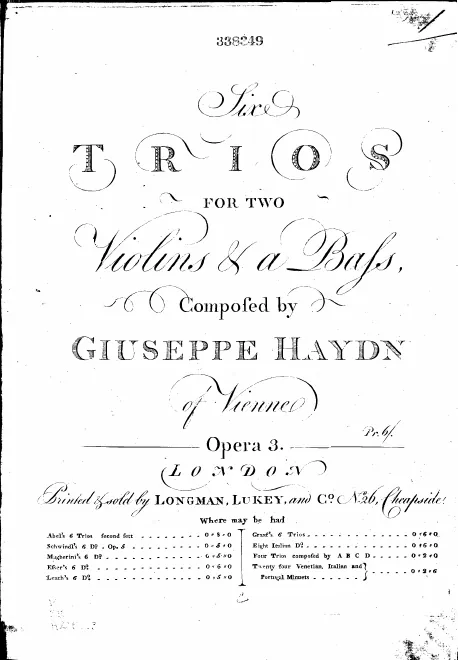 First page of 6 trios for 2 violins &amp; a bass