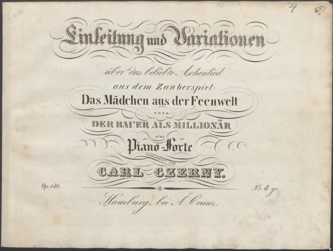 First page of Einleitung und Variationen über das beliebte Aschenlied aus dem Zauberspiel: 'Das Mädchen aus der Feenwelt oder Der Bauer als Millionär'