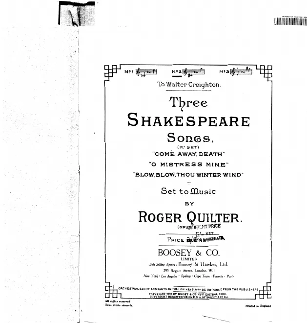 First page of Three Shakespeare Songs