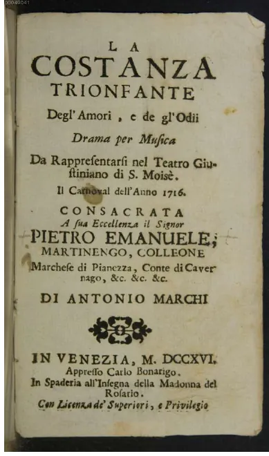 First page of La costanza trionfante degl'amori e degl'odii