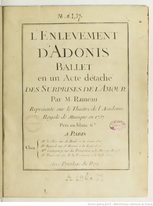 First page of L'enlèvement d'Adonis