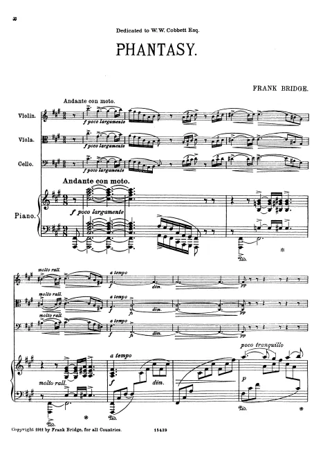First page of Phantasy for Piano, Violin, Viola and Cello