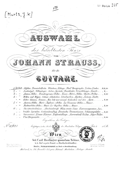 First page of Auswahl der beliebtesten Tänze von Johann Strauss für die Guitare